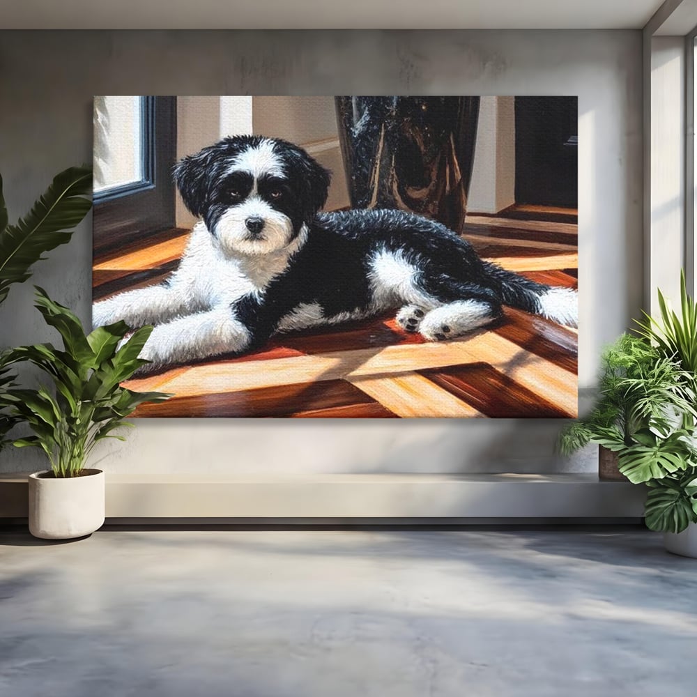Tablou canvas cu tablou canvas cu catel negru cu alb, fara rama, pe sasiu de lemn